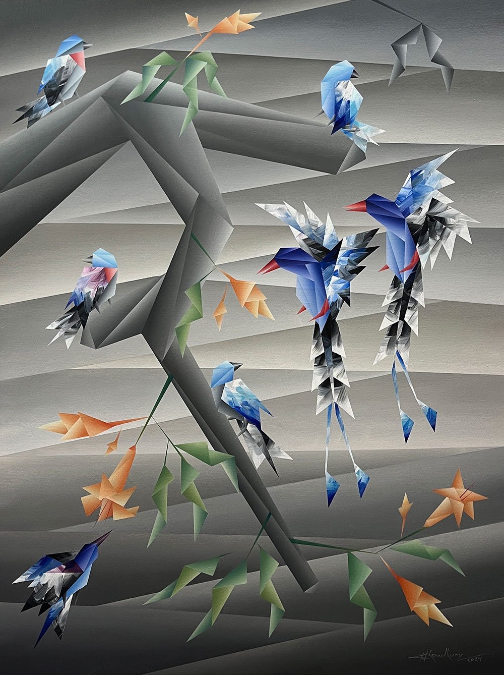 Birds in black canvas